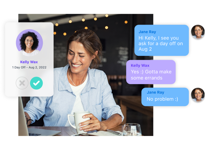woman with a cup of coffee and a laptop with a screenshot of Connecteam's chat feature