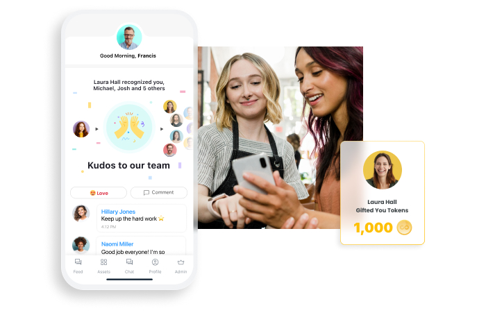 women looking at a phone, rewards and recognitions from Connecteam's app appears
