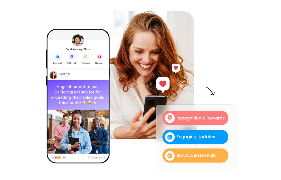 woman looking at her phone, screenshots of connecteam's engagement feature appears