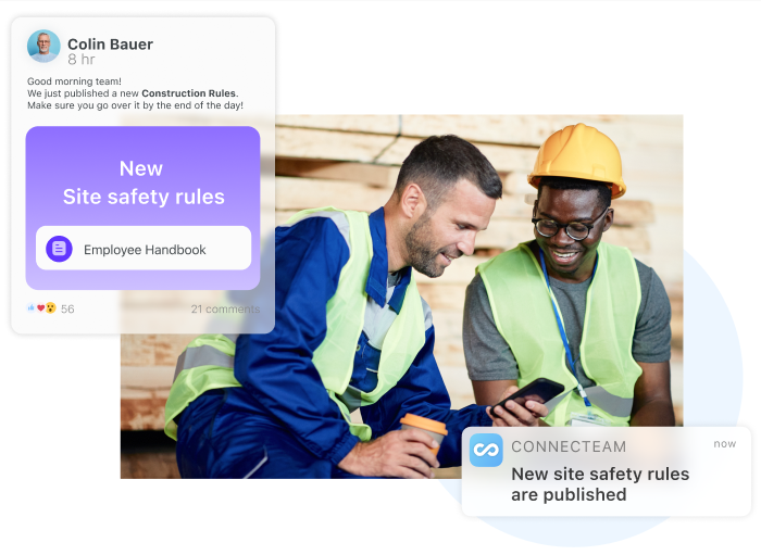 two men looking at a phone with screenshots of an update regarding a safety rules from Connecteam app