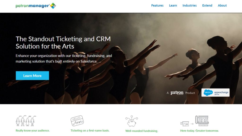 Screenshot of PatronManager webpage, with a heading that says: The standout ticketing and CRM solution for the arts