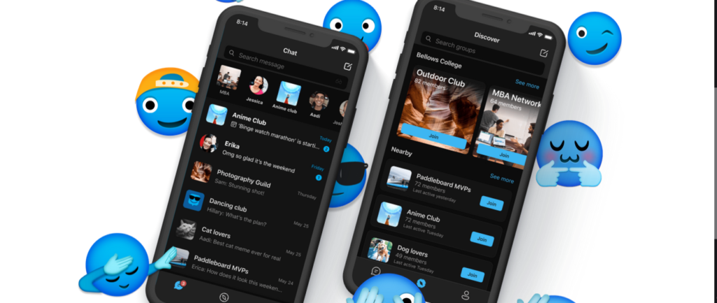 Screenshot of a GroupMe webpage, showing two screens of channels and group chats