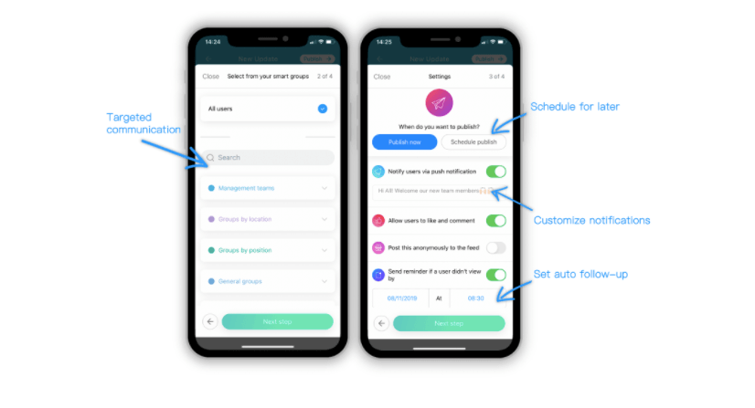 Targeted communication is easy on Connecteam's employee communication app