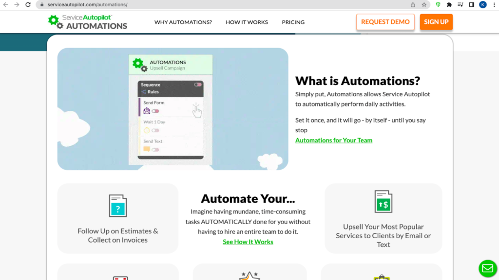 Screenshot of Service Autopilot’s website showing its Automation feature