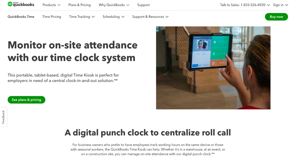 Screenshot of QuickBooks Time’s website showing its time kiosk.