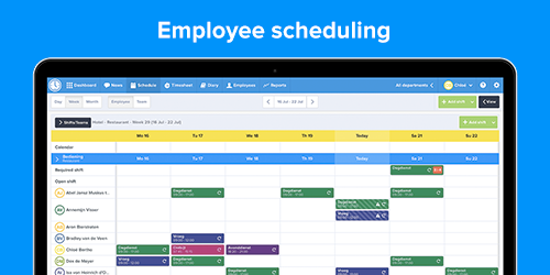A graphic of Shiftbase’s web-based shift scheduling software pictured on a laptop.