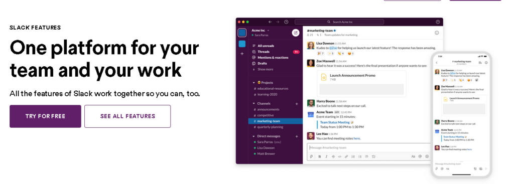 Screenshot of a Slack webpage, showing a team planning a meeting