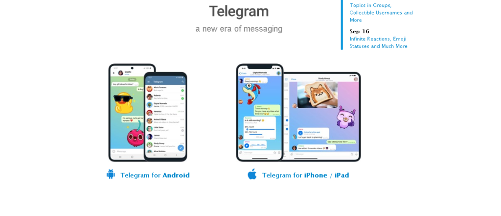 Screenshot of a Telegram webpage, showing text screens on iPhone, iPad, and Android